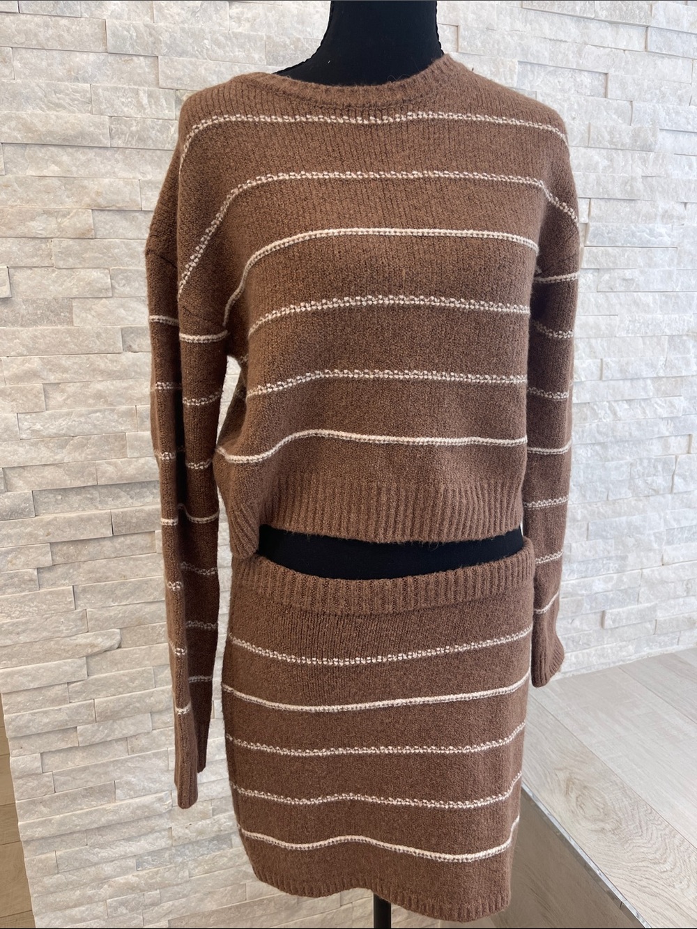 Stitches & Stripes Soft Brown Striped Knit Sweater Set